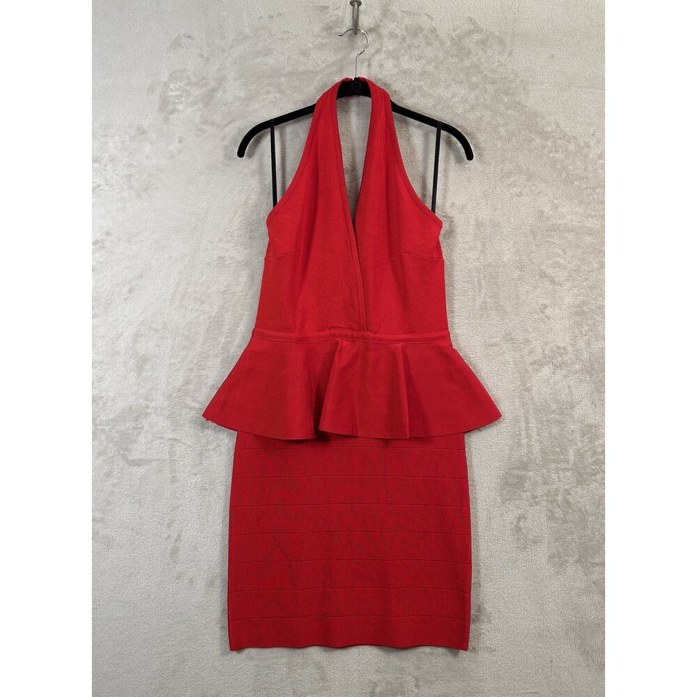 Bebe Halter Peplum Bodycon Bandage Plunging Neckline Dress Size L Party Clubbing